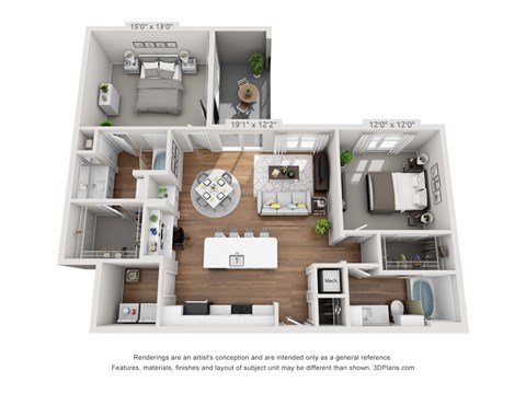 Floor plan for 2 beds, 2 baths, 1174 sqft